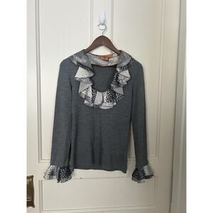Tory Burch Wool Silk Ruffle Sweater Womens Size Medium Gray Preppy Career